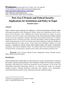Post–Gen Z Protests and Federal Security: Implications for Institutions and Policy in Nepal